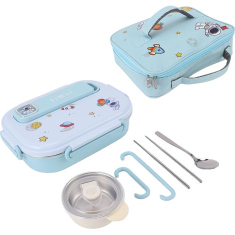 Boîte à lunch isotherme en acier inoxydable 316, capacité 1550 ml, 4 compartiments, avec bol à soupe, baguettes, cuillère et sac de rangement (bleu). (1/5)