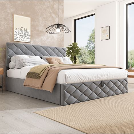 Lit coffre 140 x 200 cm capitonné en velours gris avec sommier à lattes et relevage hydraulique (1/5)