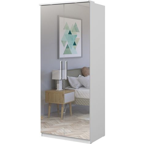 Armoire 2 portes avec miroir, dressing collection MODULO, blanc avec LED, pack 3 étagéres inclus