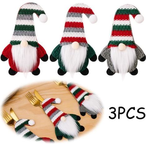 Weihnachtlicher Besteckhalter - Wichtel - Filz - Rot, Grün, Grau - 3 Stück - 18x7,5 cm
