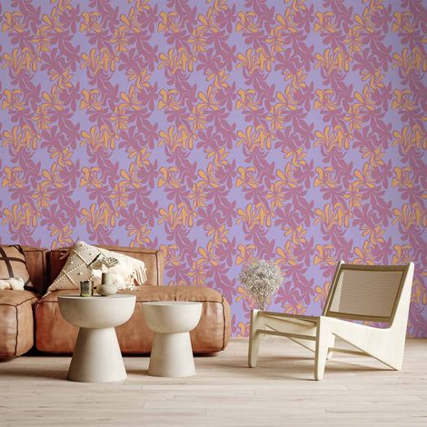 Papier peint - Exotique - Fleurs bicolores - Fleurs aux nuances de violet et d'orange sur fond bleu / Végétation insolite (1/4)