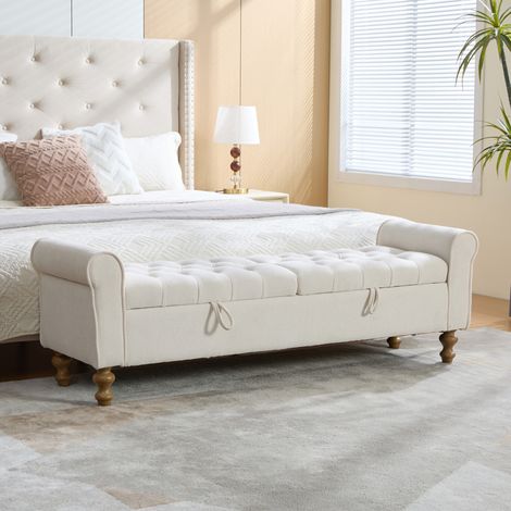 Banco con almacenamiento de terciopelo beige con 2 tapas y patas de madera de caucho (1/5)