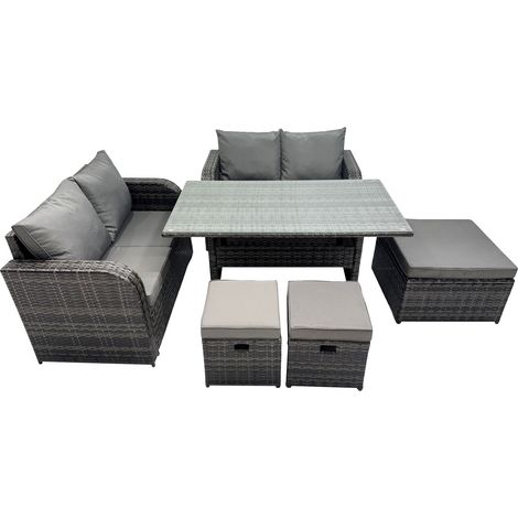 Fimous Wicker PE Rattan Garden Outdoor Furniture Set Love Sofa Dining Table Sets with 3 Stools Dark Grey Mixed (1/5)