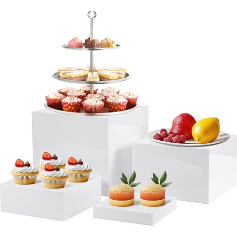 Youyijia 4pcs Buffet Risers White Acrylic Cube Risers Cupcake Dessert Display Stands with Hollow Bottoms 4 Different Size Acrylic Boxes, Square Table Decorate Storage Cases for Party (1/5)