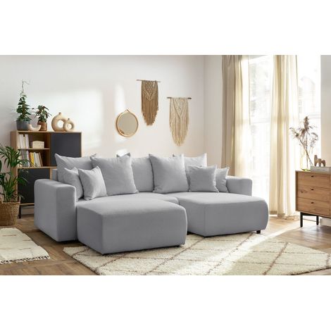 BOBOCHIC - Canapé d'angle réversible convertible coffre ENVY tissu bouclette doux avec pouf rectangulaire Gris clair (1/5)