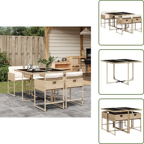 The Living Store Ensemble à manger de jardin avec coussins 5pcs Beige poly rotin - Salon De Jardin - Meuble De Jardin - Set De Salon De Jardin - Résine Tressée - Poly Rotin