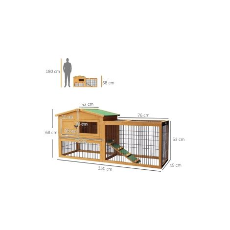 Clapier à lapins 2 niveaux, enclos à lapins en bois de sapin, résistant à l'hiver, maison double avec enclos de sortie, rampe 150x52x68 cm, clapier extérieur pour petits animaux, lapins, cobayes, jaun (1/5)