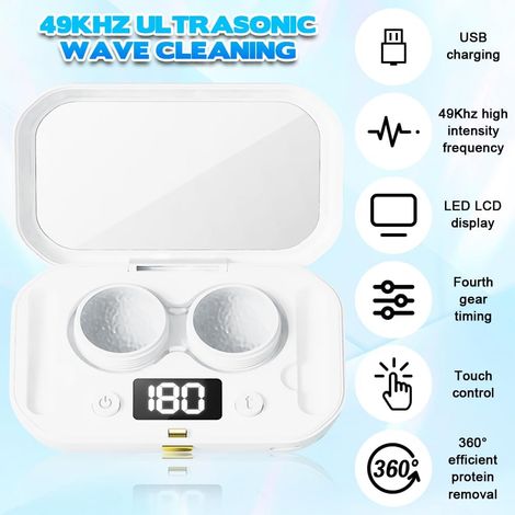 Nettoyeur ultrasonique portable pour lentilles de contact, 4 modes de minuterie, vibration haute fréquence 360° pour lentilles souples et colorées (blanc) (1/3)
