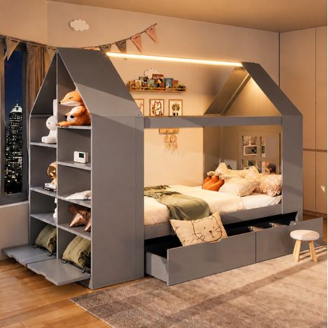 Cama infantil (235x95x154.5 cm), con diseño de casa, 2 cajones, LED, madera maciza, gris (1/5)