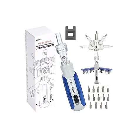 Tournevis à cliquet universel 15 en 1 avec 14 embouts S2, manche rotatif à 180°, tournevis multifonction bleu pour bricolage, réparation, montage et mécanique (1/4)