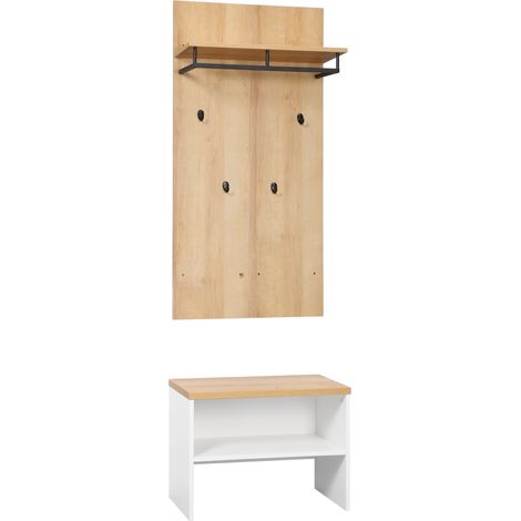 Organisateur d'entrée avec banc à chaussures, étagère à chaussures, porte-manteau à 4 crochets, blanc et naturel (1/5)