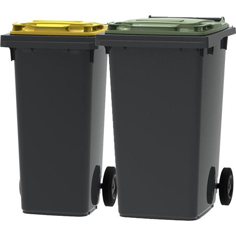ESE France Lot de 2 Conteneurs Poubelles à déchets 2 roues - 120L & 240L - 100% Recyclé - Gris avec Couvercle Jaune et Vert - Fabriqué en France (1/5)