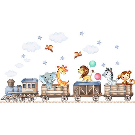 Stickers Muraux Animaux Train Autocollants Muraux Mural Stickers Animaux de la Jungle Éléphant Girafe Lion Montgolfière pour Chambre Enfants Bébé Pépinière (1/5)