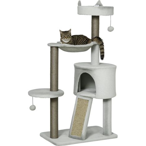 Arbre à chat Pawhut avec cocon, panier, hamac et jouet pour chat, 60 cm x 40 cm x 113 cm, gris clair