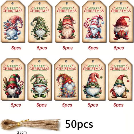 Étiquettes de Noël en papier kraft, motif sapin et personnages, lot de 50 pièces avec ficelle en chanvre (1/2)