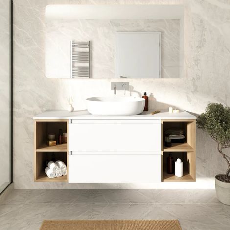 Mobile bagno sospeso 120cm due cassetti bianco opaco con top e due vani a giorno rovere chiaro Hexa (1/4)
