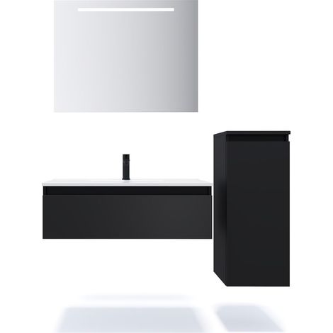 Meuble de salle de bain suspendu vasque intégrée 90cm 1 tiroir Noir + miroir + colonne ouverture droite - Hudson (1/5)