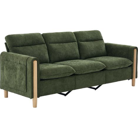 Sofá de 3 plazas estilo nórdico con puf de almacenaje, chenilla verde y patas de madera HOMVRA (1/5)