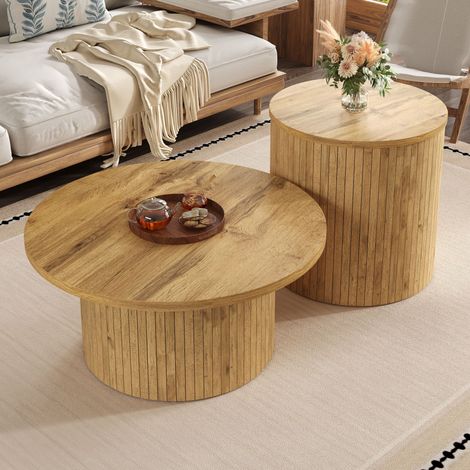 Tavolino da caffè impilabile tondo in legno, 75x36 cm e 50x50 cm, tavolino da divano, set di 2 tavolini d'appoggio, design minimalista e multifunzionale per soggiorno - Colore naturale