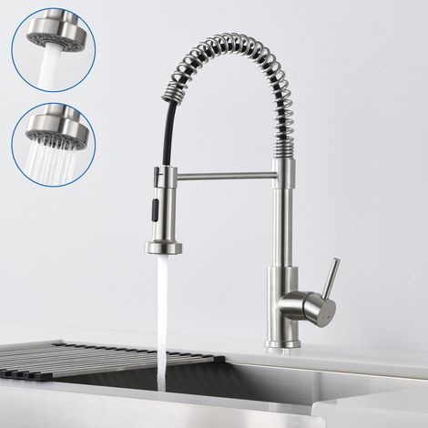 Auralum Hochdruck Ausziehbare Küchenarmatur mit Spiralfeder, 360° schwenkbar, mit 2 Auslauffunktionen, Einhebel-Küchenarmatur für Spüle, Gebürstet (1/5)