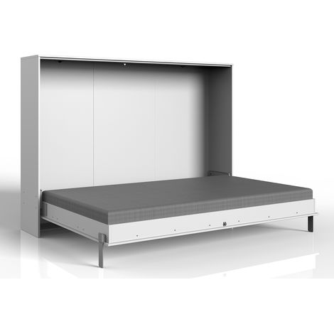 Pegane – Lit escamotable horizontal blanc 140x200 cm – Panneaux mélaminés – Dimensions 212x154x43-167 cm – Cadre à lattes inclus (1/4)