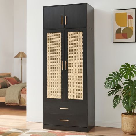 Armadio da Guardaroba Larundi con 4 Ante e 2 Cassetti 216 x 80 x 52 cm - Nero/Effetto Rattan [en.casa] (1/5)