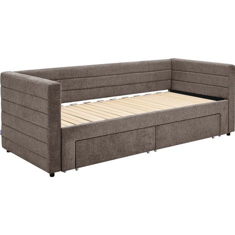 Vente-Unique – Lit escamotable 2 x 80 x 200 cm – Sommier peigne avec 23 lattes – 2 tiroirs de rangement – Tissu 100% polyester taupe – Charge max 300 kg
