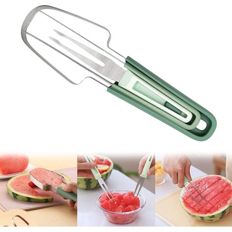 Sollbry Coupe-pastèque 3 en 1 en acier inoxydable - Avec emporte-pièce pour melon et fourchettes à fruits - Coupe-fruits - Pour pastèque, melon (vert) (1/5)