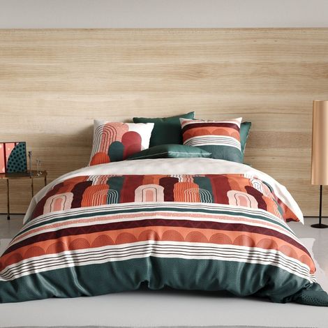 Parure housse de couette 240x220cm + 2 taies motif rétro terracotta et vert 100% coton - OLGA (1/4)
