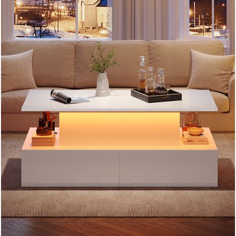 Tavolino da caffè in truciolare bianco lucido con LED, piano estraibile e 4 cassetti, 90x55x41 cm (1/5)