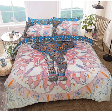 Housse de Couette réversible avec Motif d’éléphant et de Mandala Entretien Facile Tissus Doux et hypoallergéniques avec taies d’Oreiller Coton Polyester Rose Bleu Double (1/5)