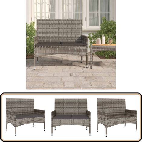 Banc de Jardin à 2 Places avec Coussins Gris Résine Tressée - Banc De Jardin - Mobilier De Jardin - Chaise Extérieure - Résine Tressée - Acier