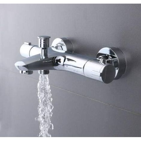 Badewannenarmatur Thermostat, Duscharmatur Edelstahl Mischbatterie Wasserhahn Bad Chrom, Duscharmatur Verbrühschutz 20-50℃, 2 Wasserauslässen mit 38 °C Sicherheitstaste (1/5)