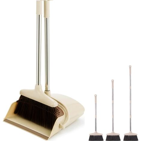 Ensemble balai et pelle à poussière avec manche et pelle à manche long de 137 cm, kit de balayage, pelle verticale et balai pour le nettoyage de la maison, du bureau (beige) (1/5)
