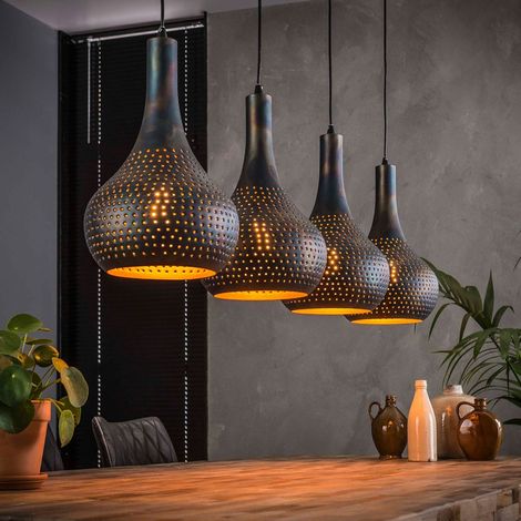 M&S – Suspension industrielle 4 lampes coniques en métal brun noir – Dimensions 130x25x150cm – Ampoules LED E27 incluses – Abat-jour perforé à la main