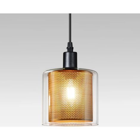 Suspension rétro industrielle en verre et métal noir et or, lampe suspendue 1 ampoule douille E14, 40 W max, pour cuisine salon salle à manger table à manger style vintage (1/5)