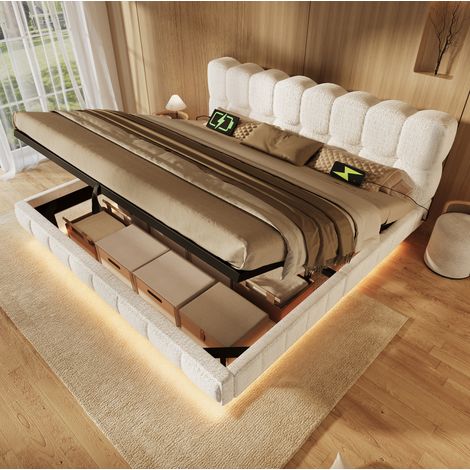 Doppelbett 180x200 cm aus beiger Chenille mit hydraulischem Stauraum, LED & USB – MEUBLIV (1/5)