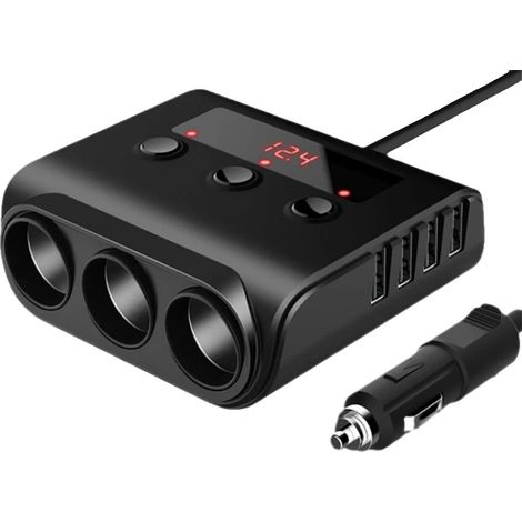 Adaptateur de prise allume-cigare 3 voies, trois prises 12V, plusieurs ports USB, puissance maximale de 100W par prise, affichage de la tension LED, compatibilité 12V-24V (1/5)