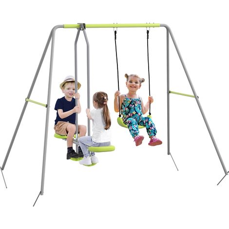 2 en 1 balançoire portique Enfant, avec 1 siège et 1 Face à Face, balançoire pour Enfant, de 3 à 8 Ans, 255 x 160 x 180 cm, Charge Max. 135 kg, Structure en métal, Vert Gris (1/5)