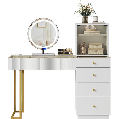 Coiffeuse avec Miroir LED 3 Couleurs, Table de Maquillage Blanche Moderne 120 cm, Plateau en Verre Trempé, 5 Tiroirs et Placard (1/5)