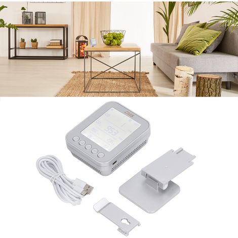 Höhen- und Druckdetektor, Kohlendioxid-, Temperatur- und Feuchtigkeitsdetektor, Echtzeit-Überwachungsdetektor, 6-in-1-Multifunktionsdetektor, USB-betrieben, silberfarben. (1/5)