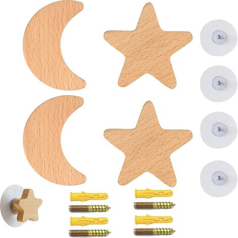 ganchos de pared de madera, ganchos decorativos autoadhesivos, ganchos para armario con forma de estrella y luna, perchero, percha para ropa, percha para sombreros, bufandas y cascos para dormitorio,  (1/5)
