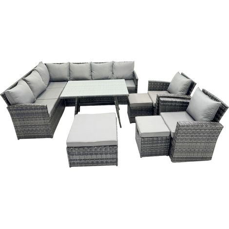 Fimous 11 Seat Poly Rattan Outdoor Patio Oblong Dining Table Corner Sofa Set with 3 Stool 2 Chairs for Garden Backyard Dark Grey Mixed (1/5)