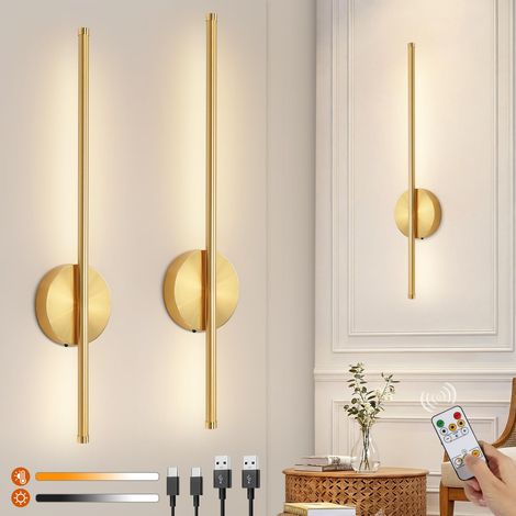 Lot de 2 Applique Murale Intérieure, Lampe Murale Sans Fil, Doré Applique Rechargeable USB avec Telecommande, 3 Températures de Couleur & Dimmable, Minuterie, pour Chambre, Salon (1/5)