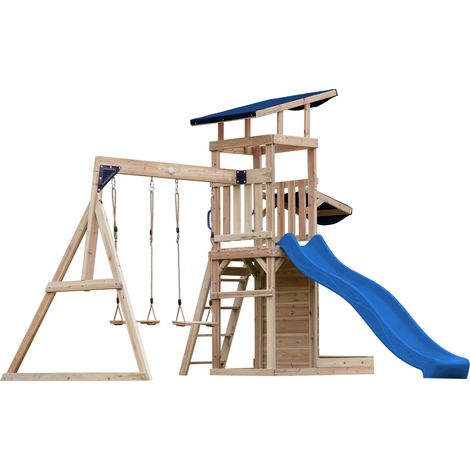 Axi Malik Aire De Jeux En Bois Avec 2 Balançoires, Toboggan Bleu / Aire De Jeux Extérieur, Bac À Sable, Mûr De Jeux/Toboggan Avec Raccordement À Eau Portique Balançoire/Jeux En Bois Extérieur