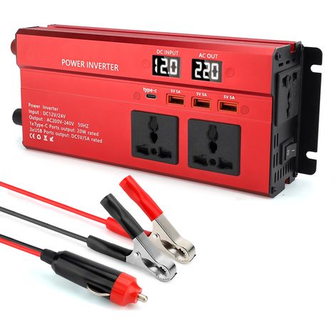 Convertisseur 12v /24V 220v 600W convertisseur de Tension Onduleur avec écran LCD USB d'un Port Type-C et d'un Écran LCD（Rouge）