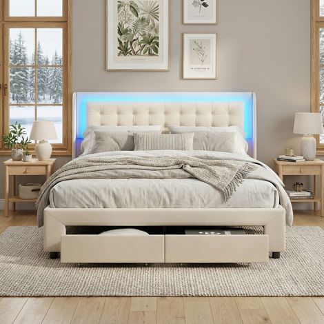 Letto contenitore 180x200, 2 cassetti, illuminazione LED RGB, letto per adulti con apertura idraulica, letto matrimoniale capitonné, velluto, stile moderno/scandinavo(180x200cm, Beige)