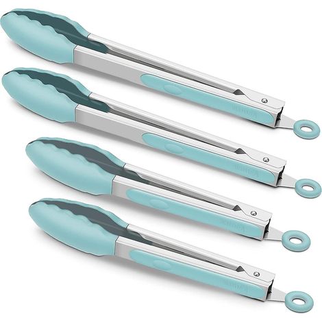 Set mit 4 Aqua Sky Küchenzangen, aus hochwertigem BPA-freiem Silikon, antihaftbeschichtet, Edelstahl, zum Grillen und Barbecue, mit Verriegelungssystem, 23 cm (9 Zoll), grün.