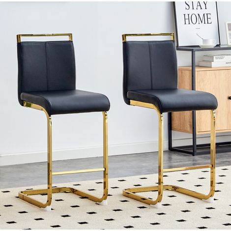 Lot de 2 tabourets de bar en cuir régénéré noir, pieds métal doré, repose-pieds, hauteur totale 96,5 cm, assise 63,5 cm, design moderne pour cuisine FLORAGRACE (1/5)