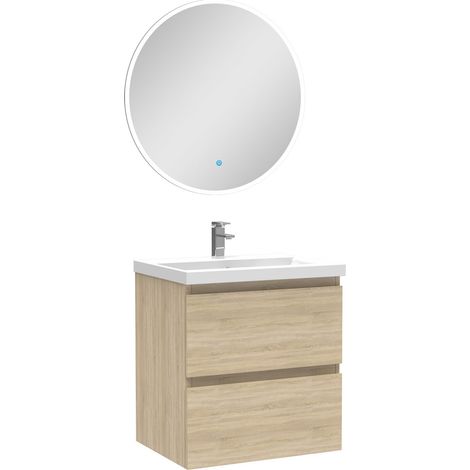 Ensemble meubles Salle de Bain Chêne Wotan 50cm simple vasque + miroir lumineux rond (1/4)